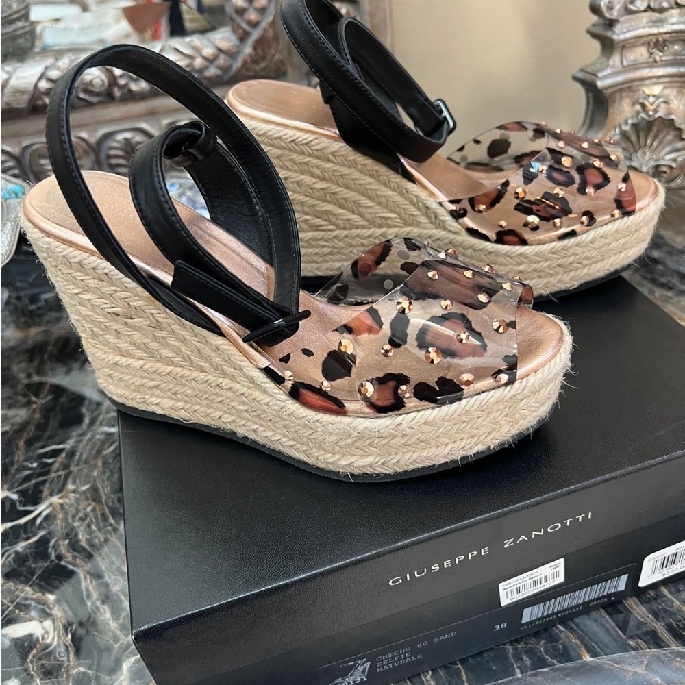 GIUSEPPE ZANOTTI Women Leopard Print Platform Ankle Strap Rhinestone  Wedge